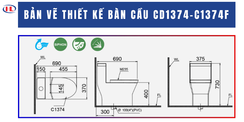 Bản Vẽ Thiết Kế Bàn Cầu CD1374-C1374F