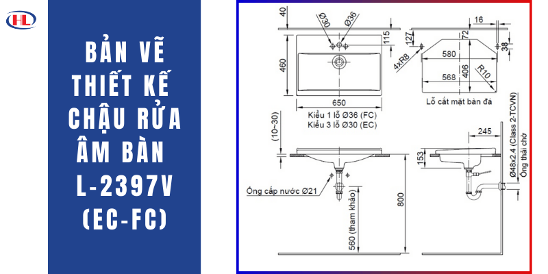 Bản Vẽ Thiết Kế Chậu Rửa Âm Bàn Inax L-2397V(EC-FC)