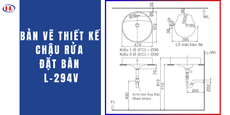 Bản Vẽ Thiết Kế Chậu Rửa Đặt Bàn L-294V