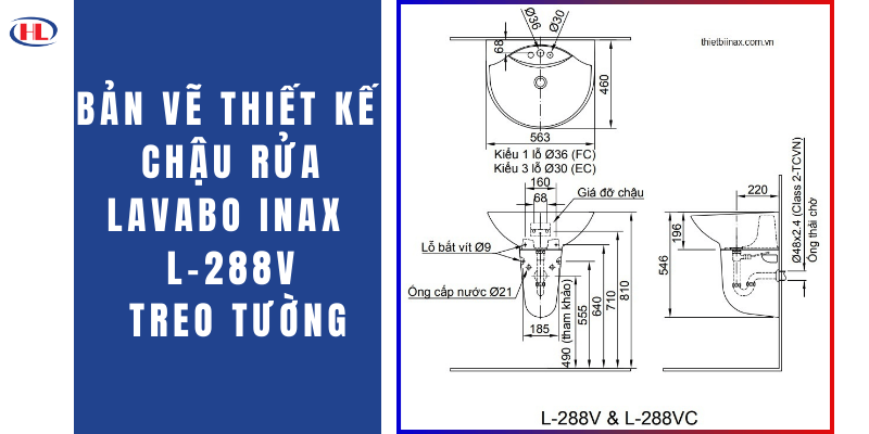 Bản Vẽ Thiết Kế Chậu Rửa Lavabo INAX L-288V Treo Tường