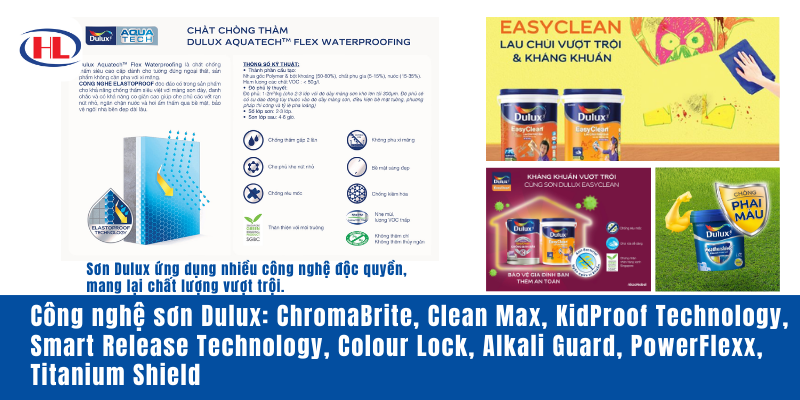 Công nghệ sơn Dulux_ ChromaBrite, Clean Max, KidProof Technology, Smart Release Technology, Colour Lock, Alkali Guard, PowerFlexx, Titanium Shield